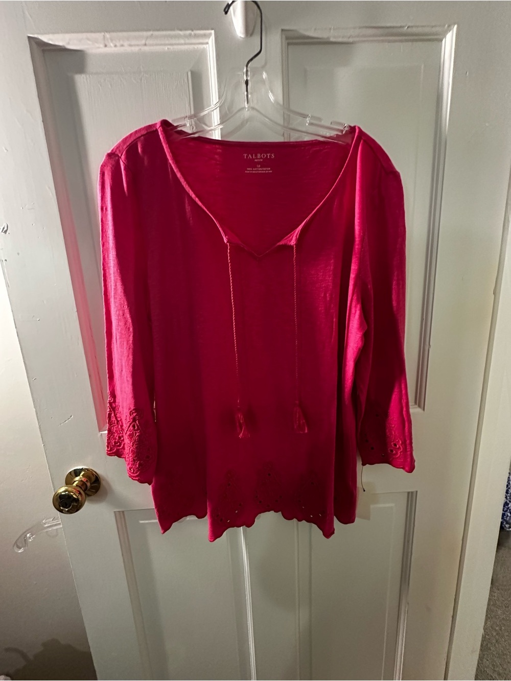 Talbots Fuchsia V-Neck Tassel Top with Eyelet Trim